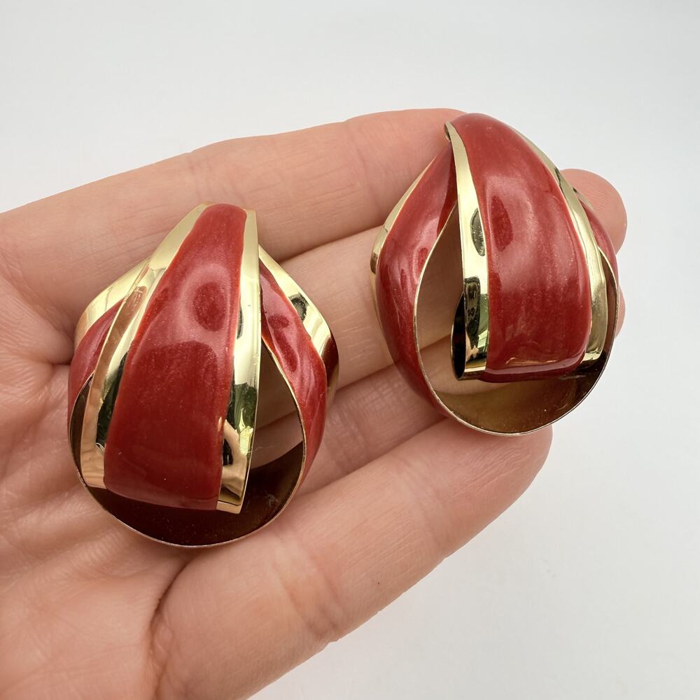 VTG Large Mid-Century Earrings MCM Style Red Enamel 3-D Curved Statement Bold
